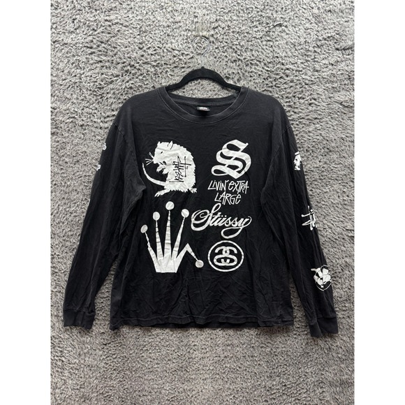 Stussy Crown Collage Graphic Crew Neck Long Sleeve T-Shirt Black Mens Size L - Picture 1 of 12